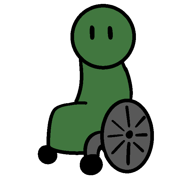 A green figure in a gray wheelchair.
